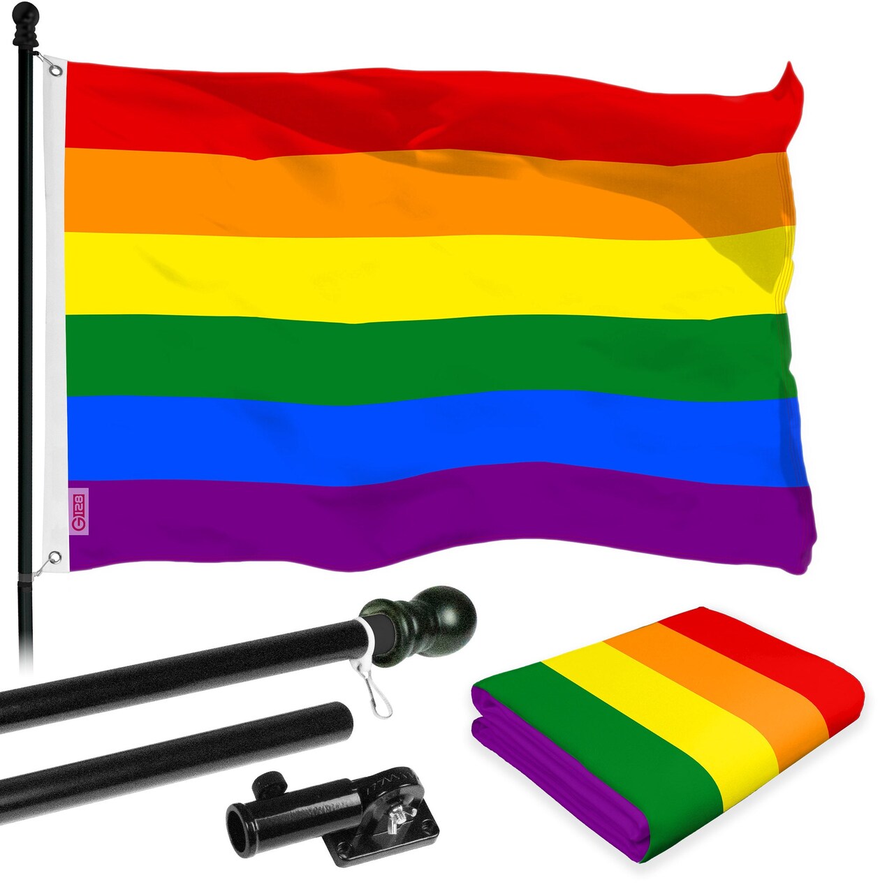 G128 Combo Pack: 6 Ft Tangle Free Aluminum Spinning Flagpole (Black) & LGBT Rainbow Pride Flag 3x5 Ft, LiteWeave Pro Series Printed 150D Polyester | Pole with Flag Included